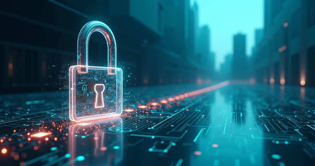 Fluxo automatizado de ícones de TI passando por cadeado digital em ambiente corporativo