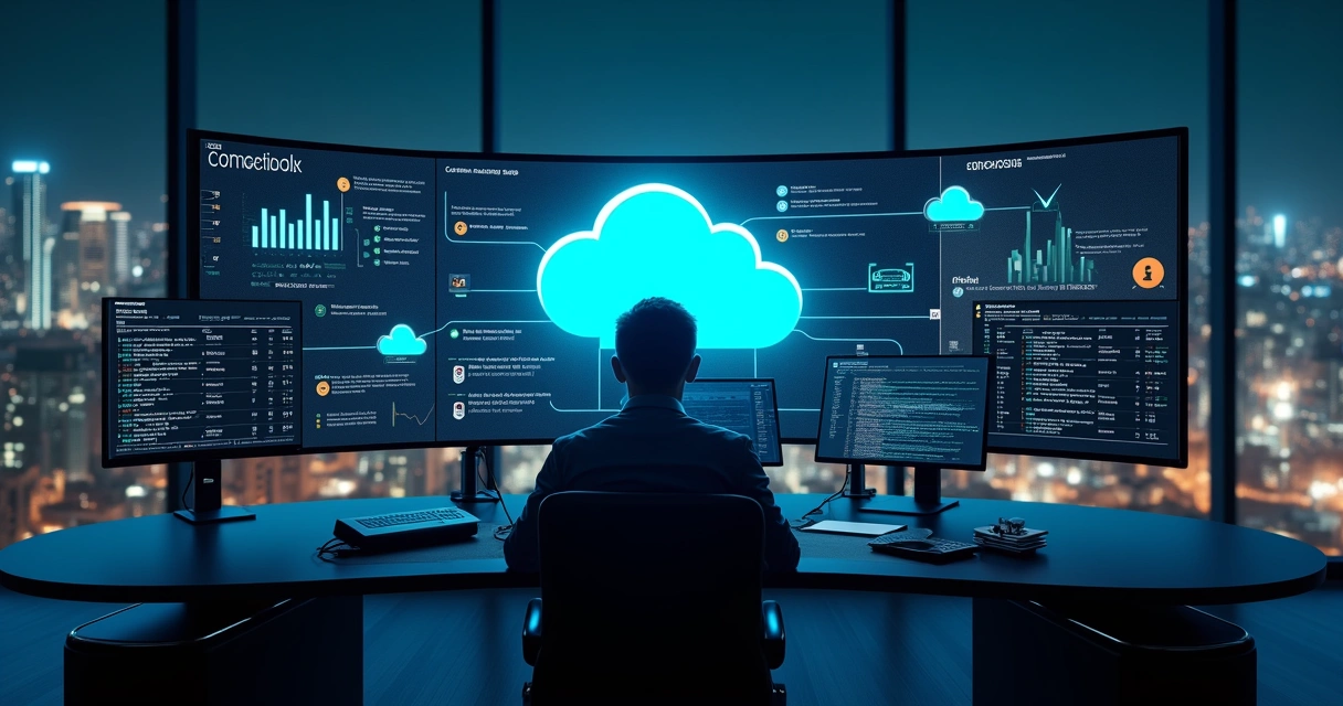 Profissional monitora painel digital com ícones de backup em nuvem