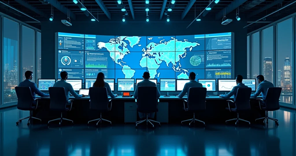 Sala de monitoramento de TI 24 horas com equipe acompanhando diversos painéis digitais