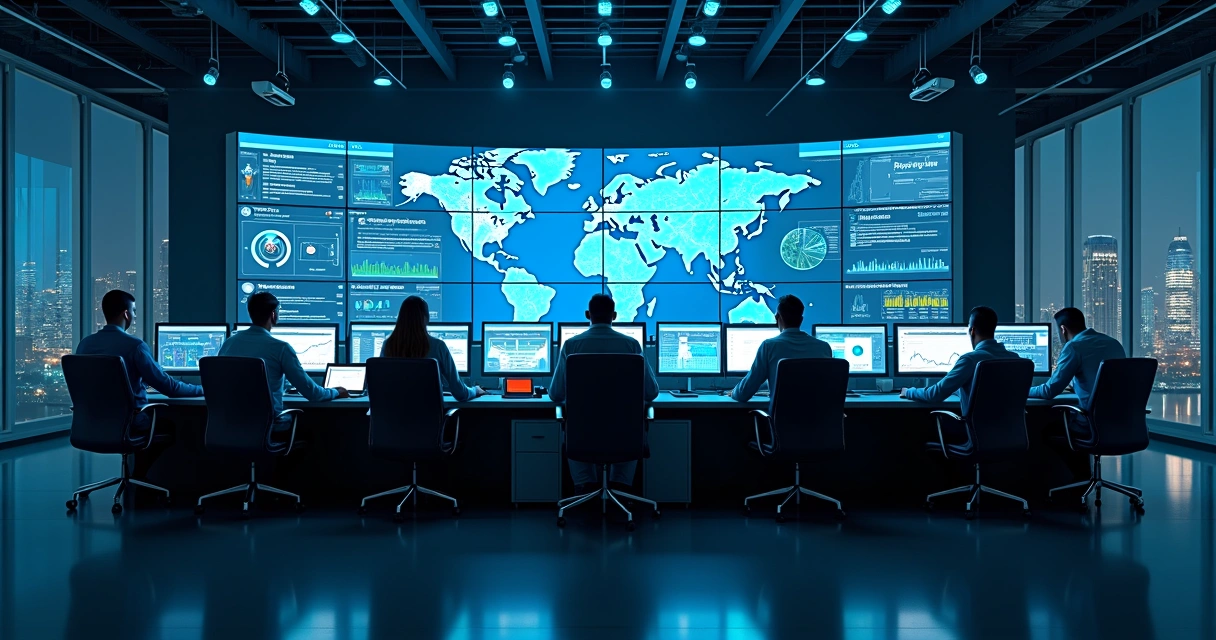 Sala de monitoramento de TI 24 horas com equipe acompanhando diversos painéis digitais