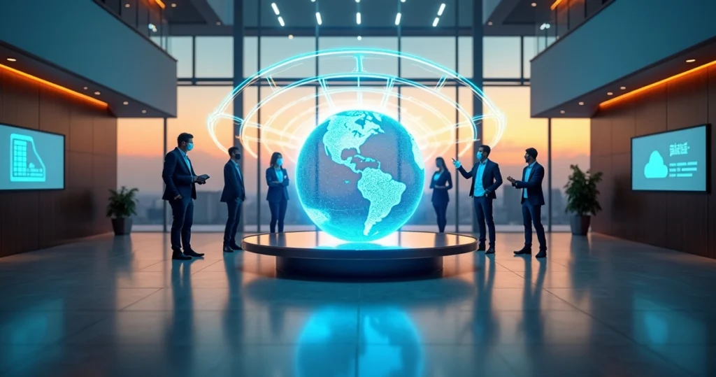 Profissionais em ambiente corporativo interagindo em holograma de telecomunicações unificadas