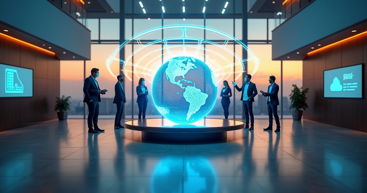 Profissionais em ambiente corporativo interagindo em holograma de telecomunicações unificadas