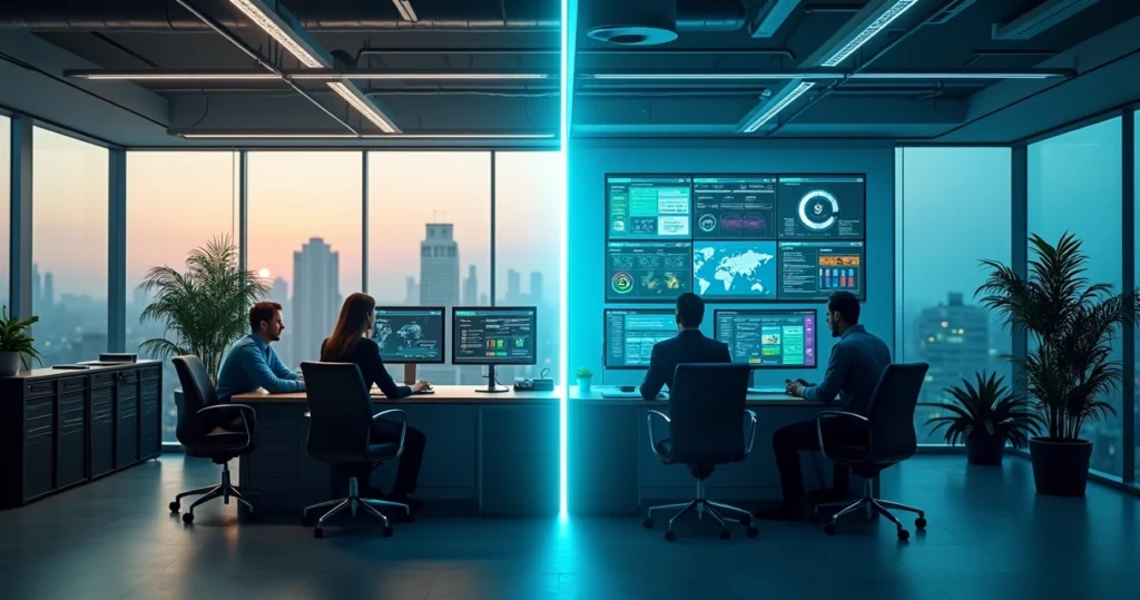 Painel dividido comparando equipe de TI interna e serviço de TI gerenciado conectado à nuvem