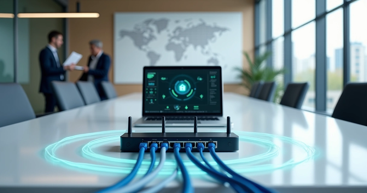 Mesa de escritório moderna com roteador wi-fi corporativo e cabos organizados