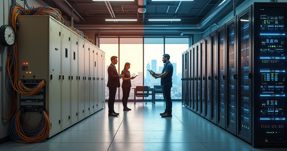 Comparação entre racks de servidores antigos e novos em escritório corporativo