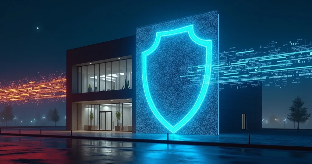 Representação de firewall protegendo pequena empresa com escudo luminoso diante de prédio comercial