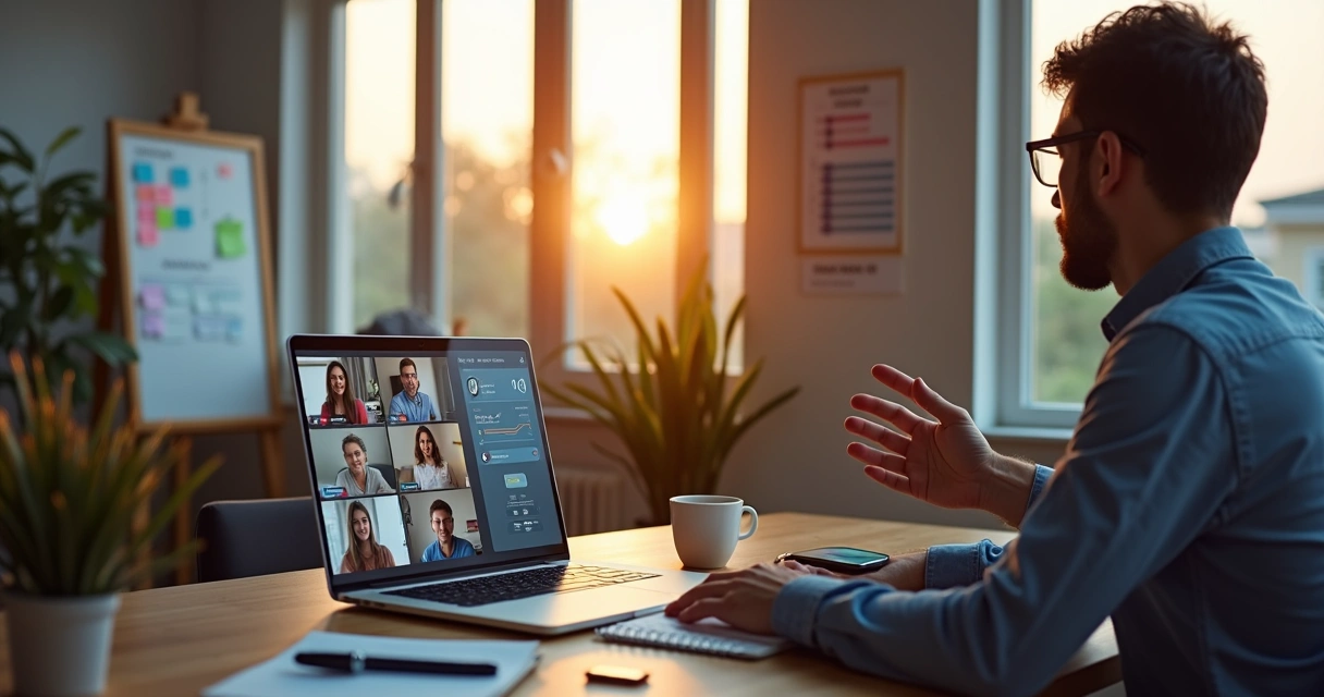 Gestor coordena equipe remota em tela com ambiente de pequeno escritório moderno