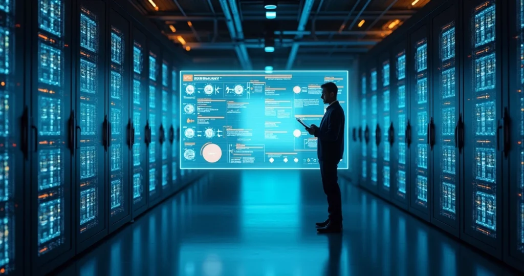 Arquiteto de TI analisa parede digital com fluxos de contingência e servidores