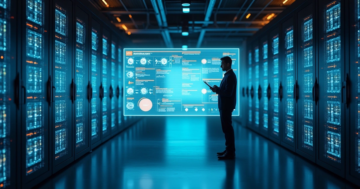 Arquiteto de TI analisa parede digital com fluxos de contingência e servidores