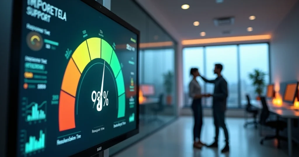 Painel digital com velocímetro de SLA em destaque em ambiente de suporte técnico