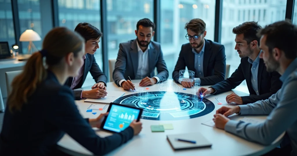 Equipe de TI colaborando em mesa redonda com telas digitais integradas