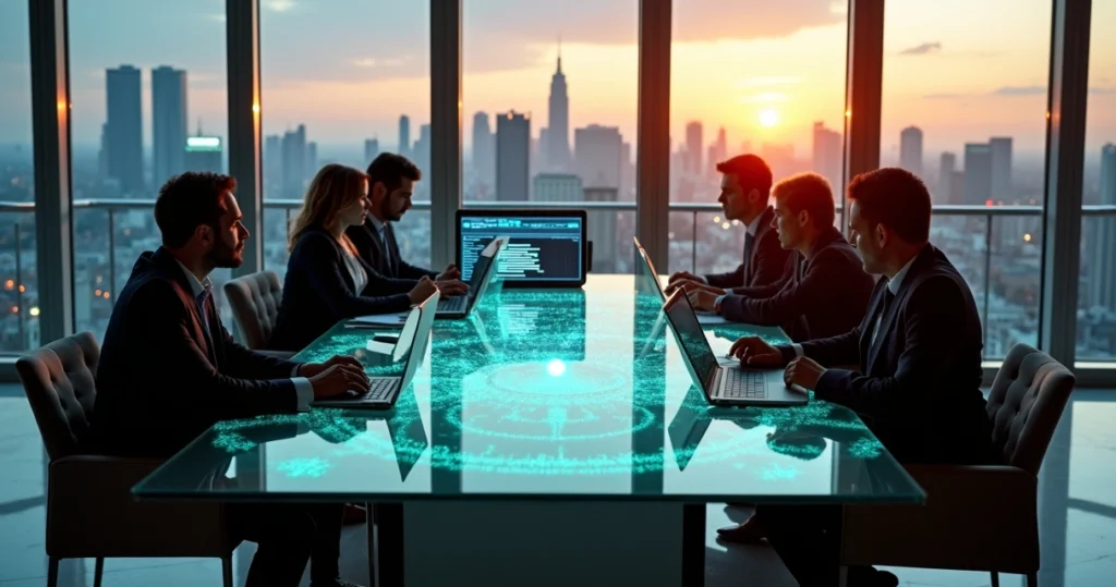 Equipe em escritório observando cidade com cadeias de código travadas representando proteção contra ransomware