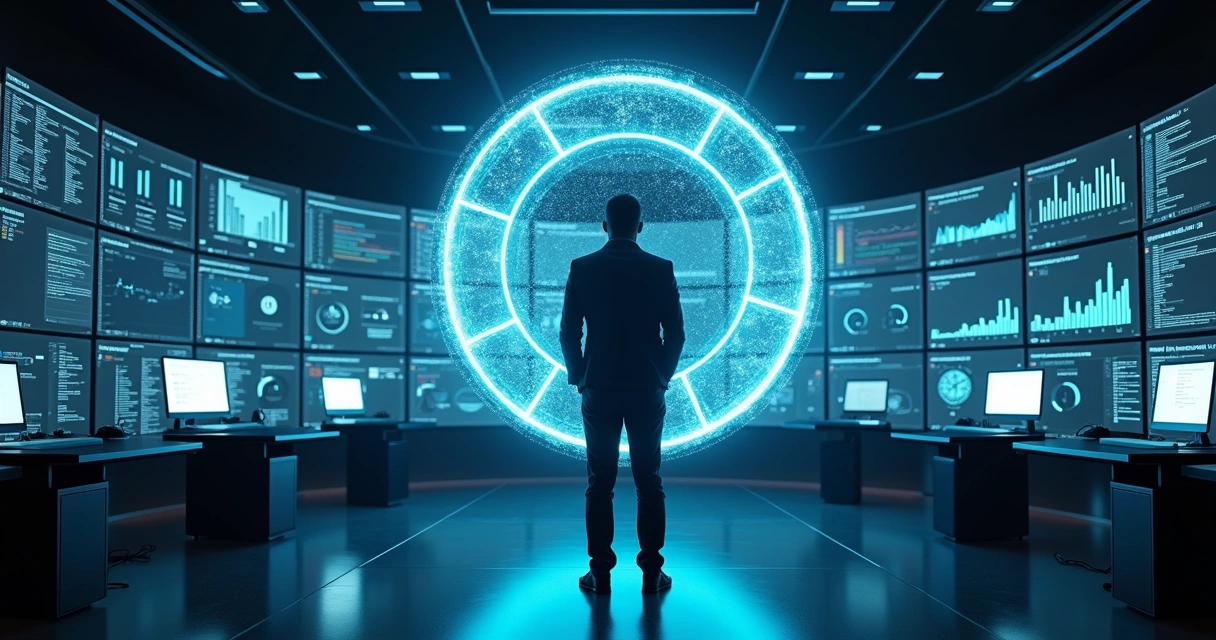 Gestor de TI olha para grande esfera digital com métricas em um painel futurista