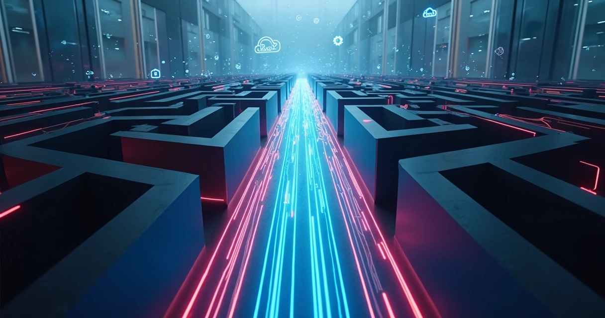 Labirinto tecnológico iluminado por caminho de serviços de TI gerenciados