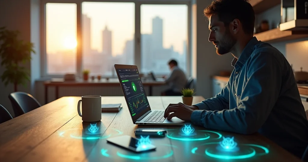 Profissional em home office rodeado por bolhas digitais protegendo vários dispositivos conectados