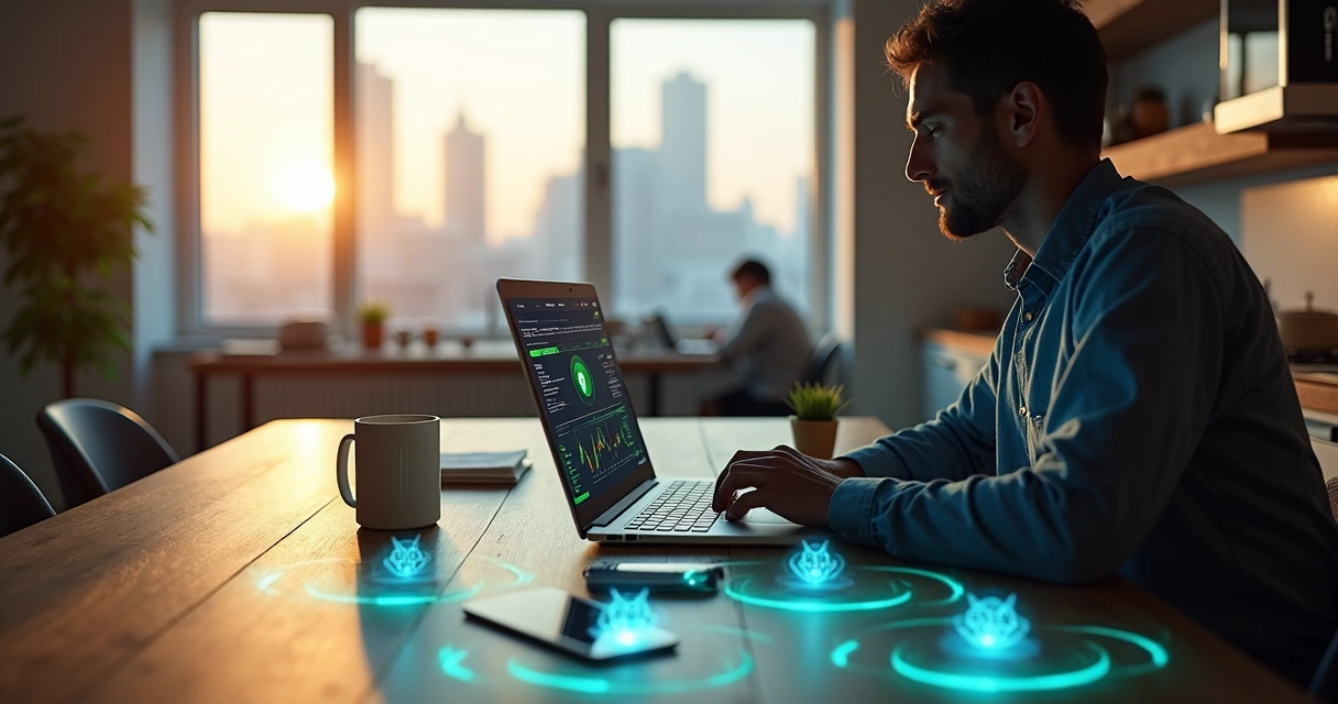 Profissional em home office rodeado por bolhas digitais protegendo vários dispositivos conectados