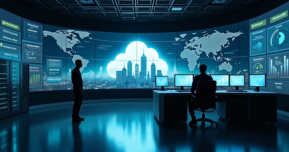 Sala de controle de TI com nuvem brilhante simbolizando recuperação de desastres