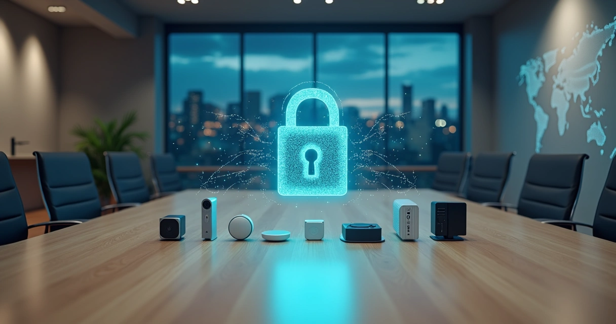 Vários dispositivos IoT corporativos conectados com cadeado digital flutuando no centro