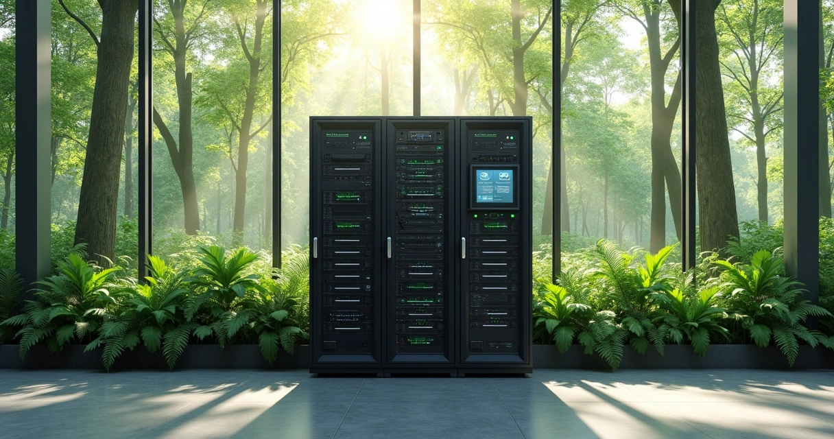 Servidor de TI em rack cercado por vegetação verde em escritório moderno