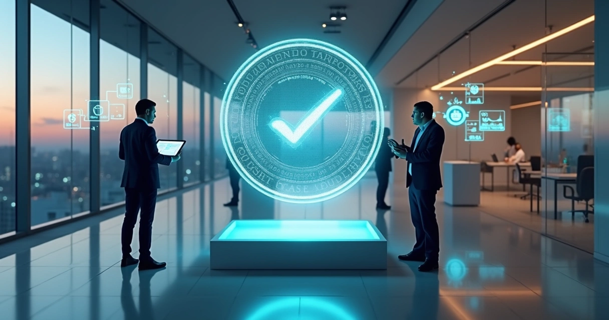 Sala corporativa com grande selo digital de conformidade em auditoria de TI
