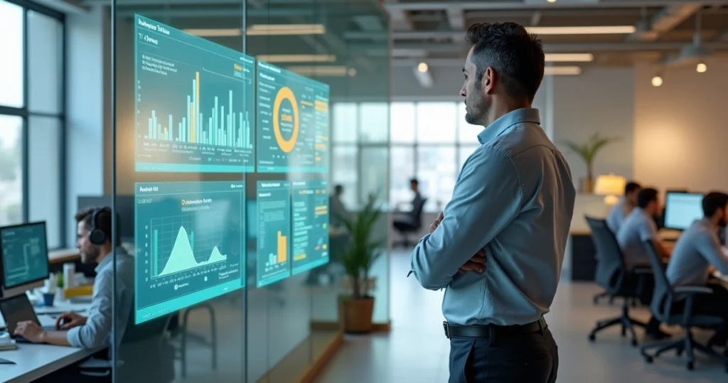 Gestor observa painel mostrando equipe de help desk terceirizada em ação