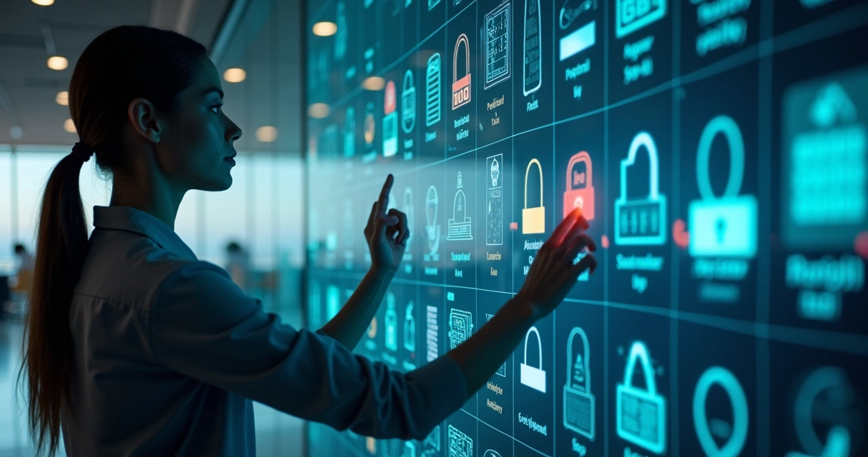 Painel digital com níveis de acesso internos em ambiente corporativo moderno