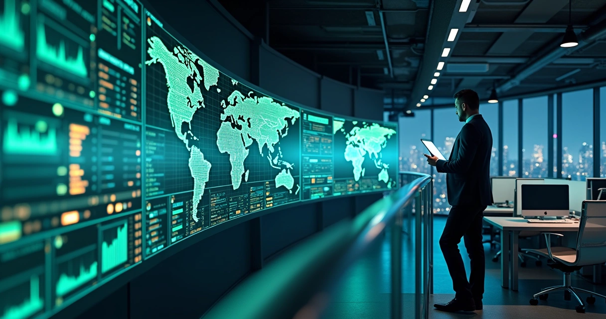 Gestor observando painel panorâmico de rede corporativa com mapas e alertas em tempo real