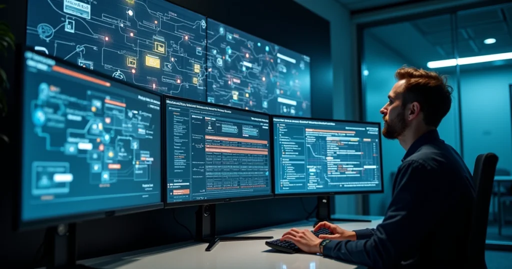 Analista de segurança monitora painel digital com alertas XDR e mapa de rede