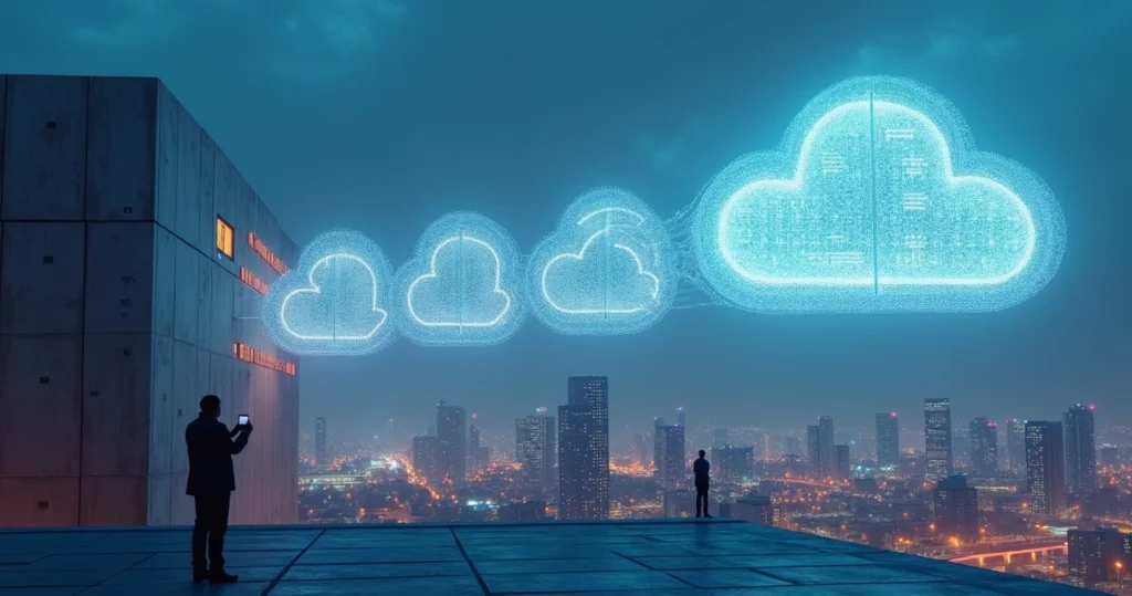 Ponte digital conectando data center antigo à nuvem moderna acima de cidade empresarial
