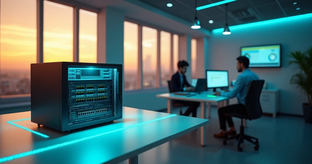 Pequeno escritório com linha de luz controlando todos os dispositivos de rede