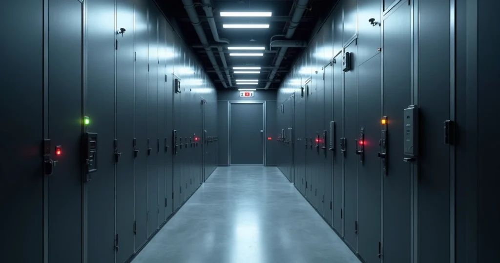 Corredor de data center moderno com portas trancadas e iluminação controlada
