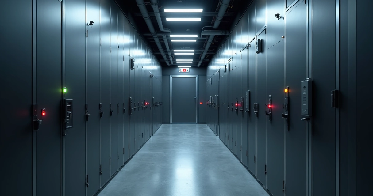 Corredor de data center moderno com portas trancadas e iluminação controlada