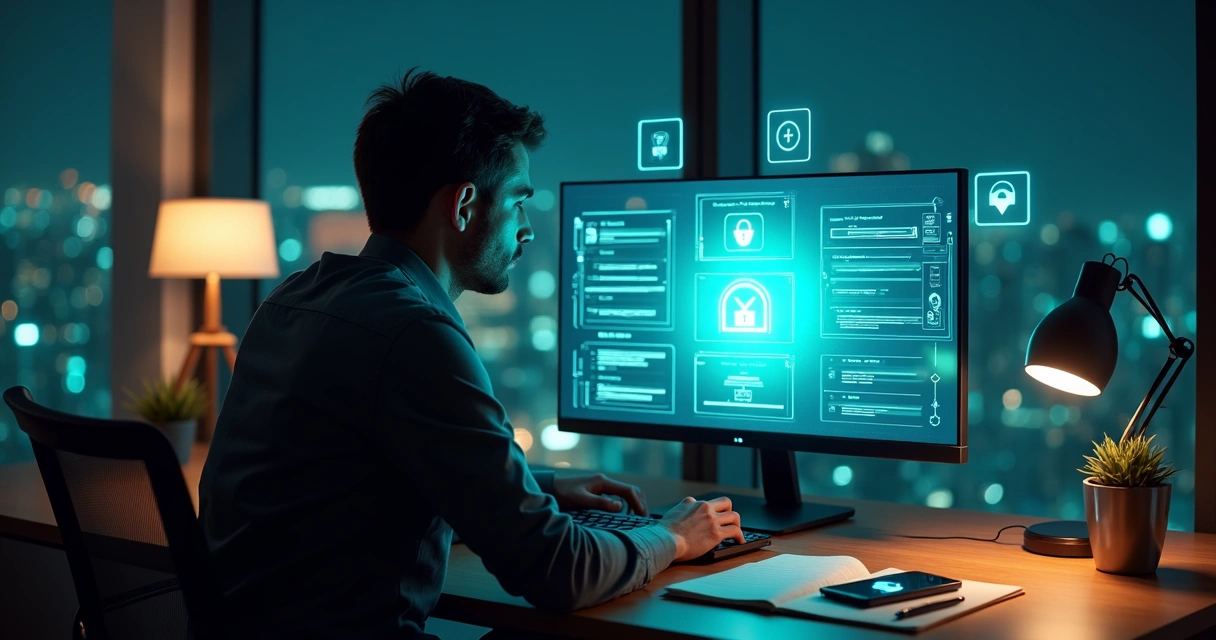 Profissional remoto revisando checklist de segurança digital em home office noturno