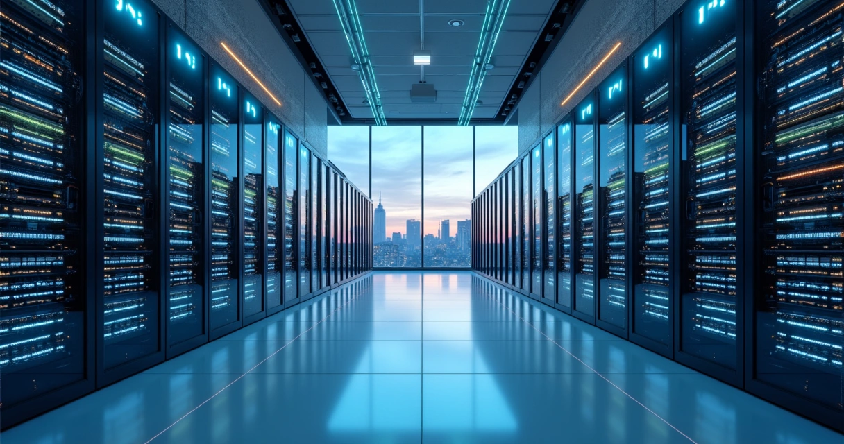 Dois centros de dados conectados por feixes de luz representando site principal e hot site