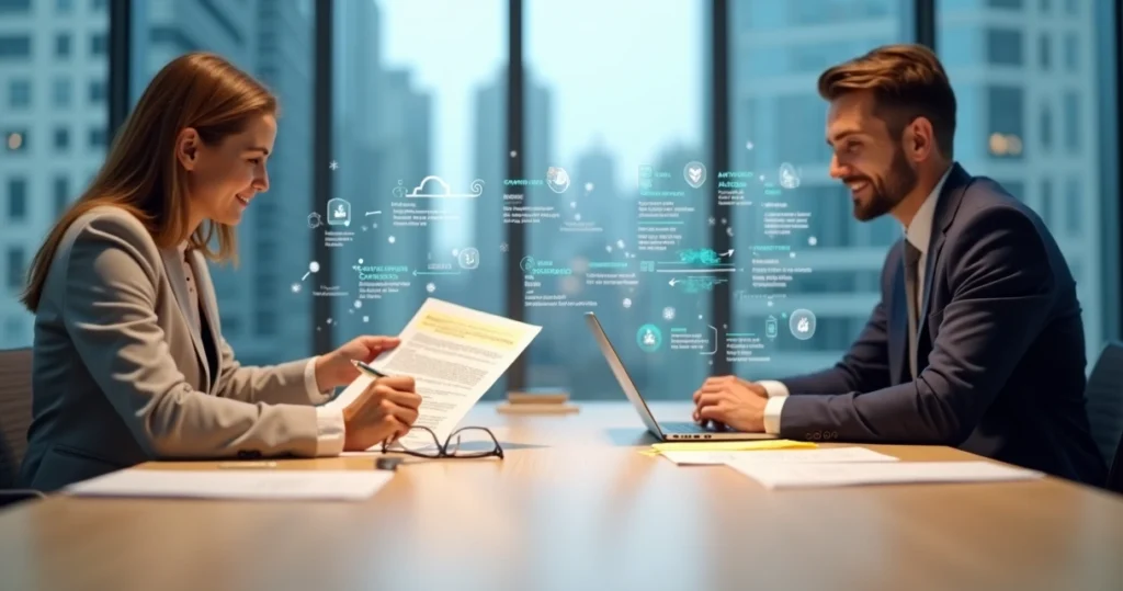 Mesa de reunião com gestor e consultor analisando contrato de TI impresso com ícones digitais ao redor