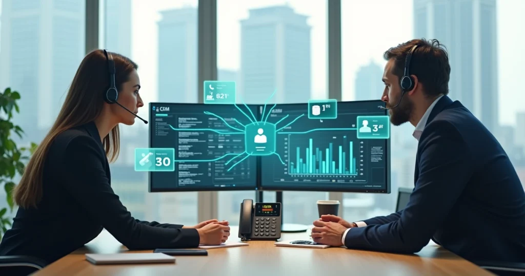 Equipe de vendas usando telefonia IP integrada ao CRM em escritório moderno